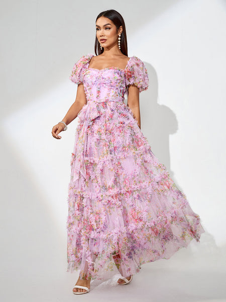 Fantasy Floral Dress with Puffy Sleeves