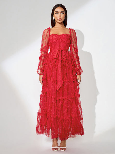 Elegant Polka Dot Mesh Maxi Dress for a Stylish Look