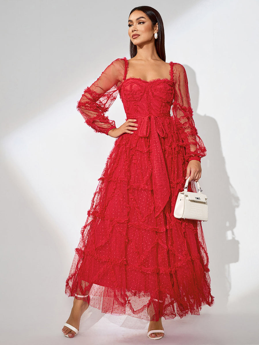 Elegant Polka Dot Mesh Maxi Dress for a Stylish Look