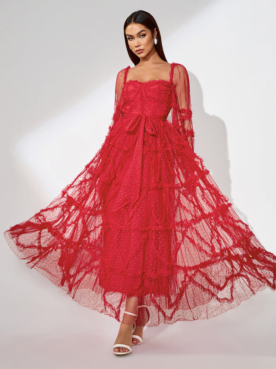 Elegant Polka Dot Mesh Maxi Dress for a Stylish Look