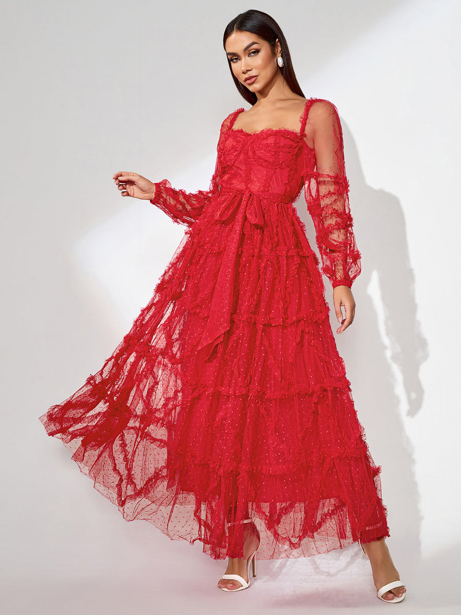 Elegant Polka Dot Mesh Maxi Dress for a Stylish Look