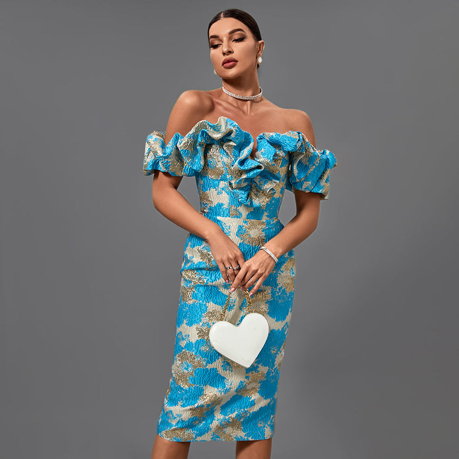 Elegant midi evening dress with off-shoulder neckline and pleats, bodycon fit