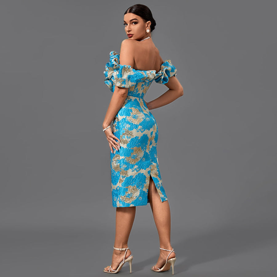 Elegant midi evening dress with off-shoulder neckline and pleats, bodycon fit