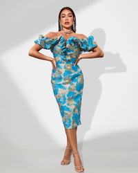 Penelope Delacroix — Midi Jacquard Dress with Off-Shoulder Design