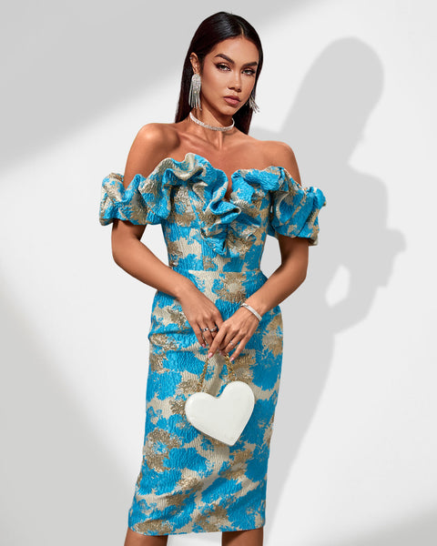 Midi Jacquard Dress with Off-Shoulder Design for an Elegant Look