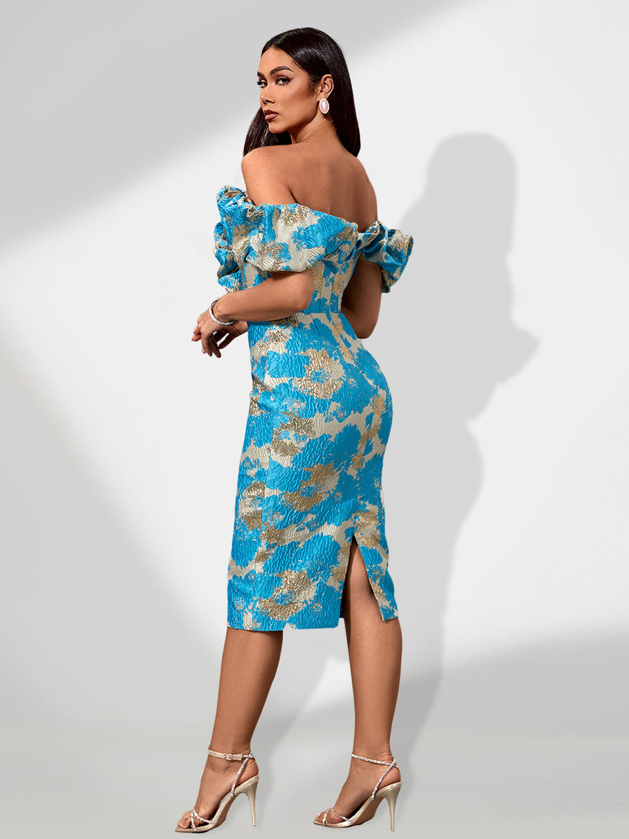 Midi Jacquard Dress with Off-Shoulder Design for an Elegant Look