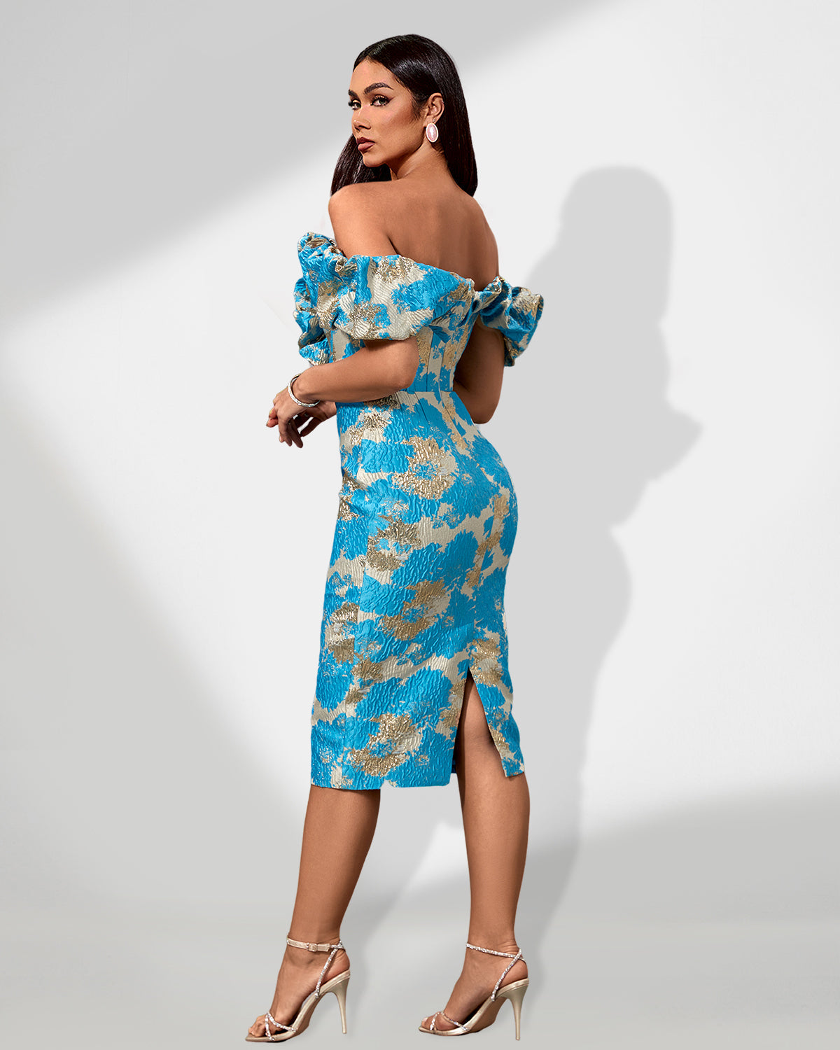 Midi Jacquard Dress with Off-Shoulder Design for an Elegant Look