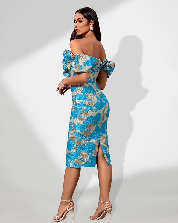 Midi Jacquard Dress with Off-Shoulder Design for an Elegant Look