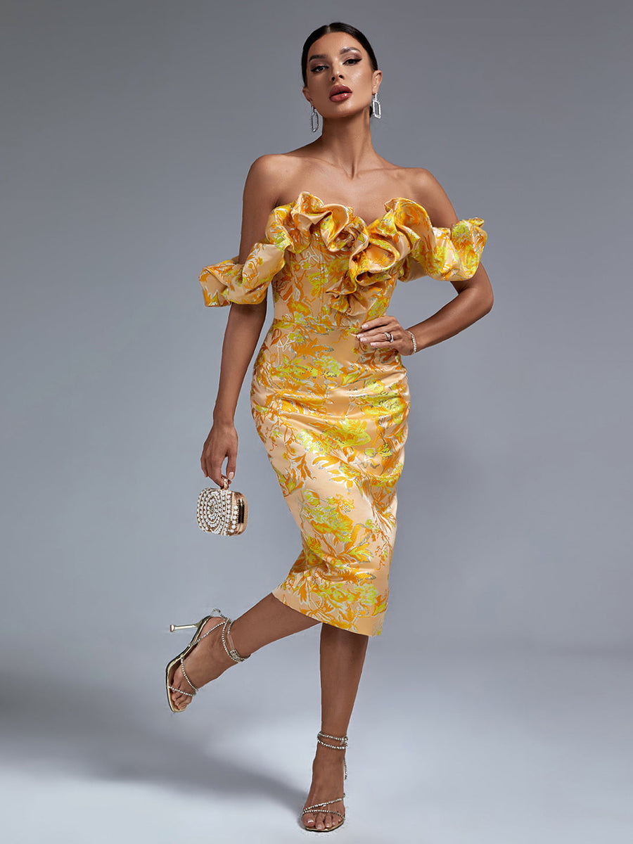 Elegant long pleated off-shoulder dress