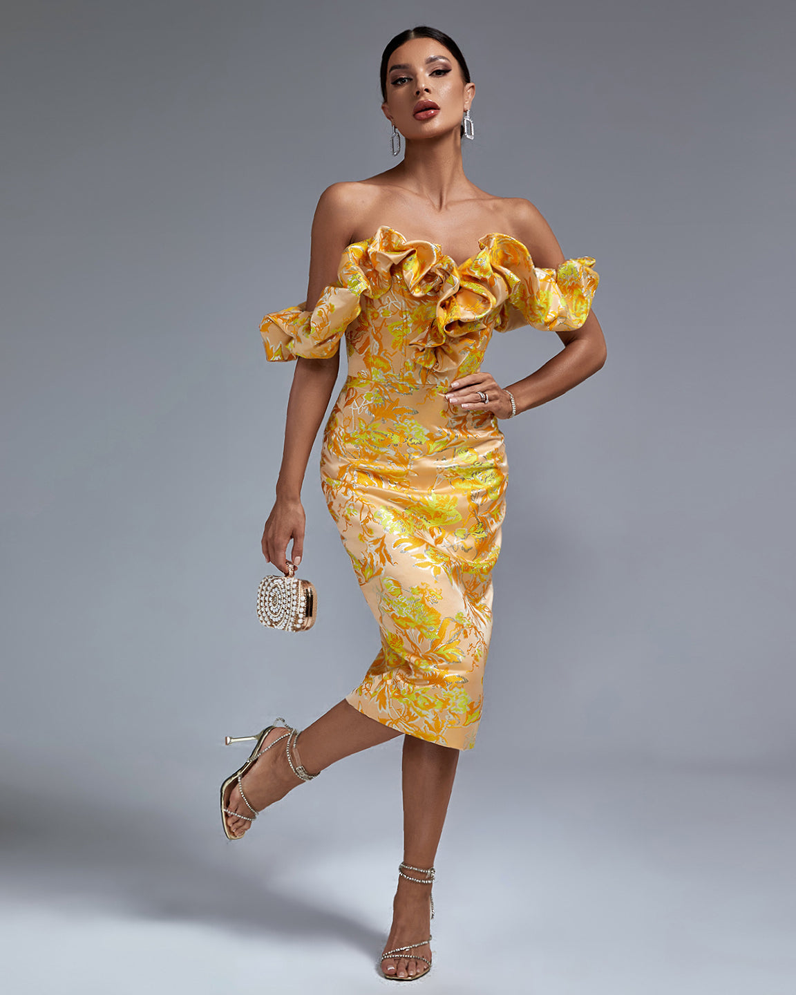 Bellamy Marceau — Elegant long pleated off-shoulder dress, alternate view 3