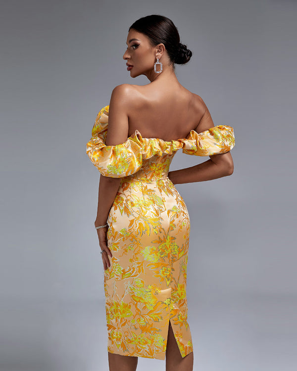 Elegant long pleated off-shoulder dress