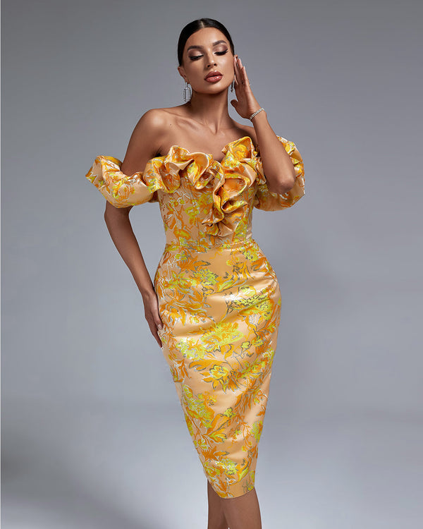 Elegant long pleated off-shoulder dress