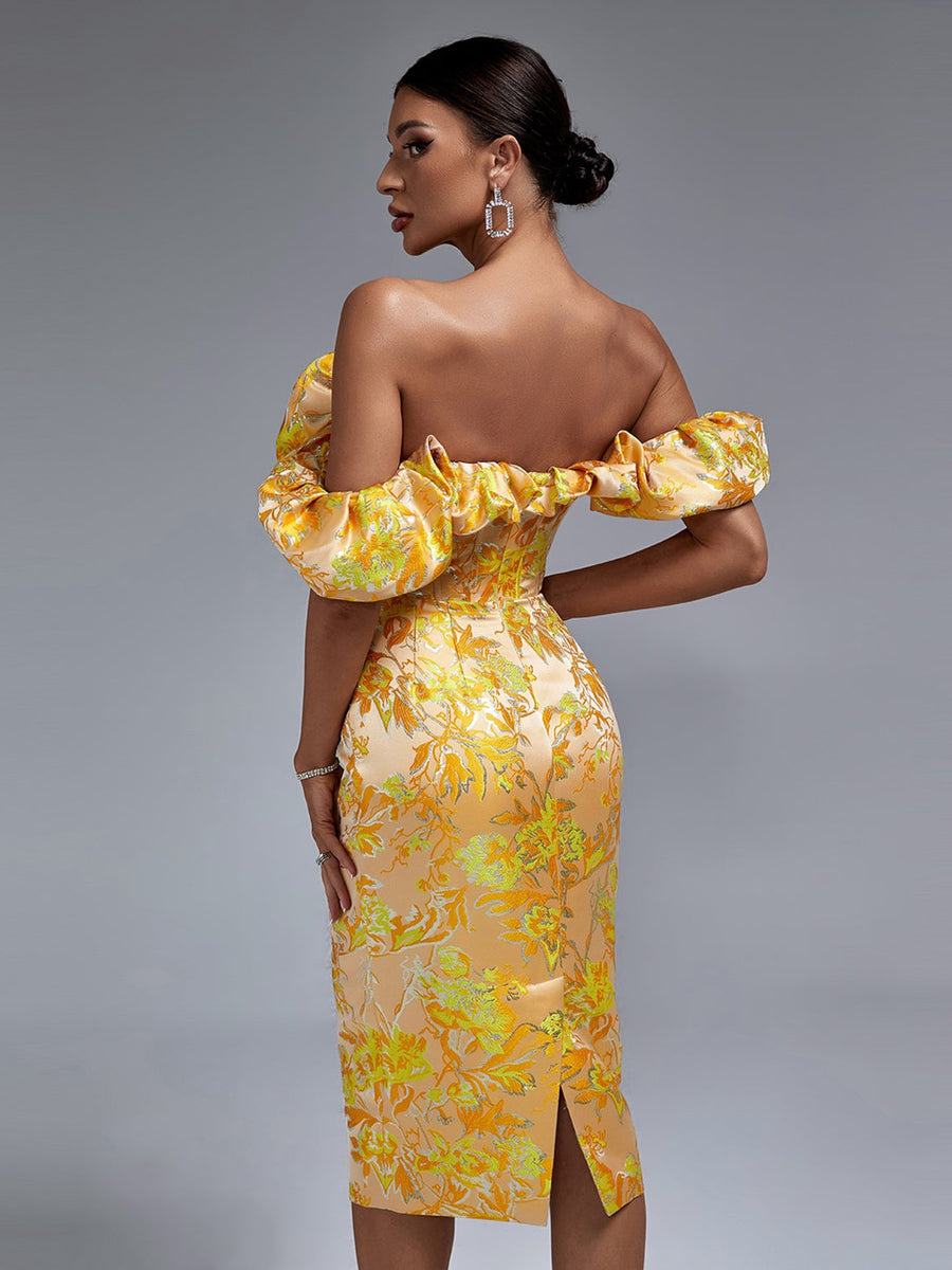 Elegant midi evening dress with off-shoulder neckline and pleats, bodycon fit