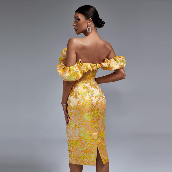 Elegant midi evening dress with off-shoulder neckline and pleats, bodycon fit