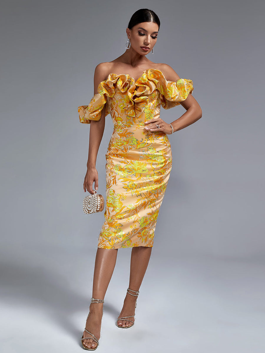 Elegant long pleated off-shoulder dress