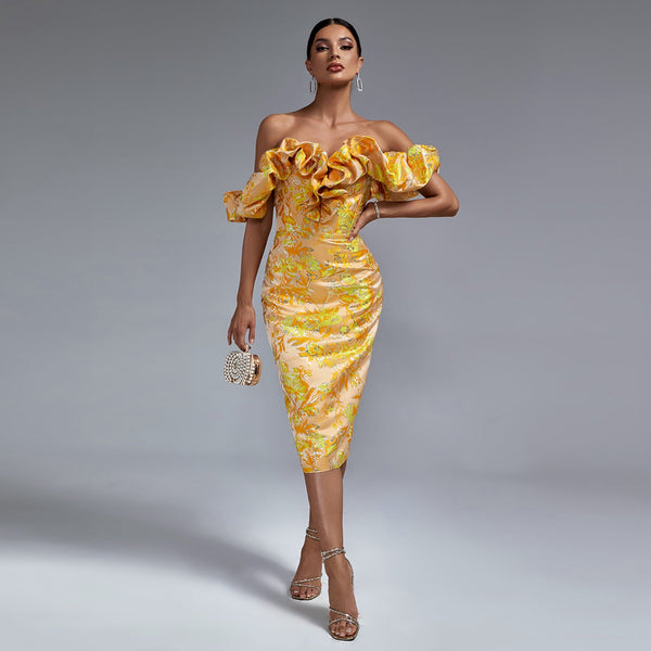 Elegant midi evening dress with off-shoulder neckline and pleats, bodycon fit