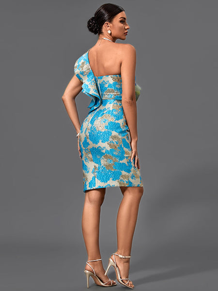 Fitted midi dress with off-the-shoulder design and ruffle details