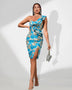 One-shoulder dress with embellishments and ruffles featuring an elegant slit