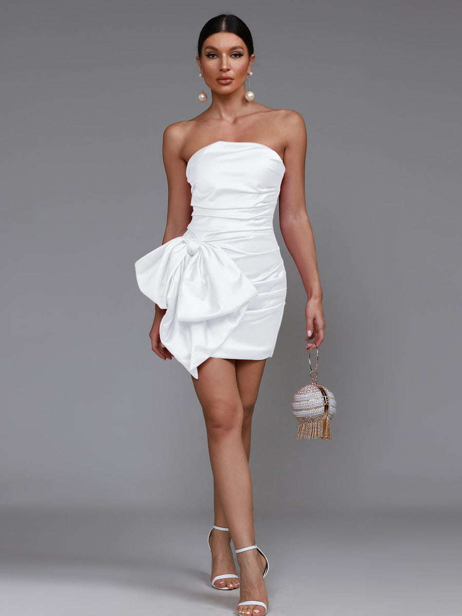 Elegant Mini Strapless Dress with Bow Tie