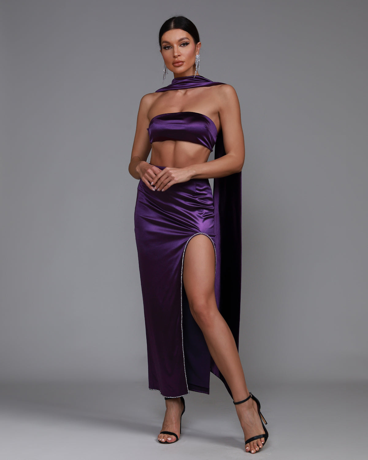 Elise Delacroix — Elegant Purple Satin Strapless Sash Gown