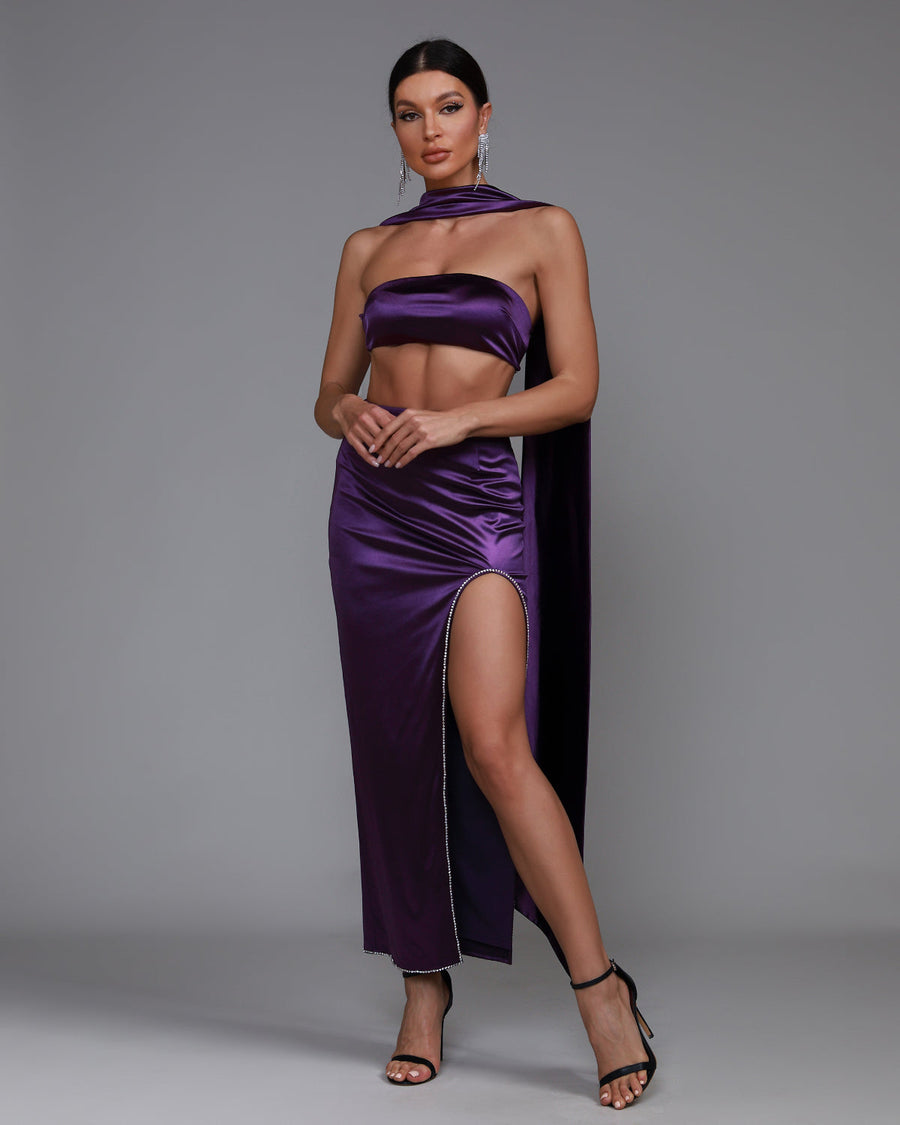 Elise Delacroix — Elegant Purple Satin Strapless Sash Gown