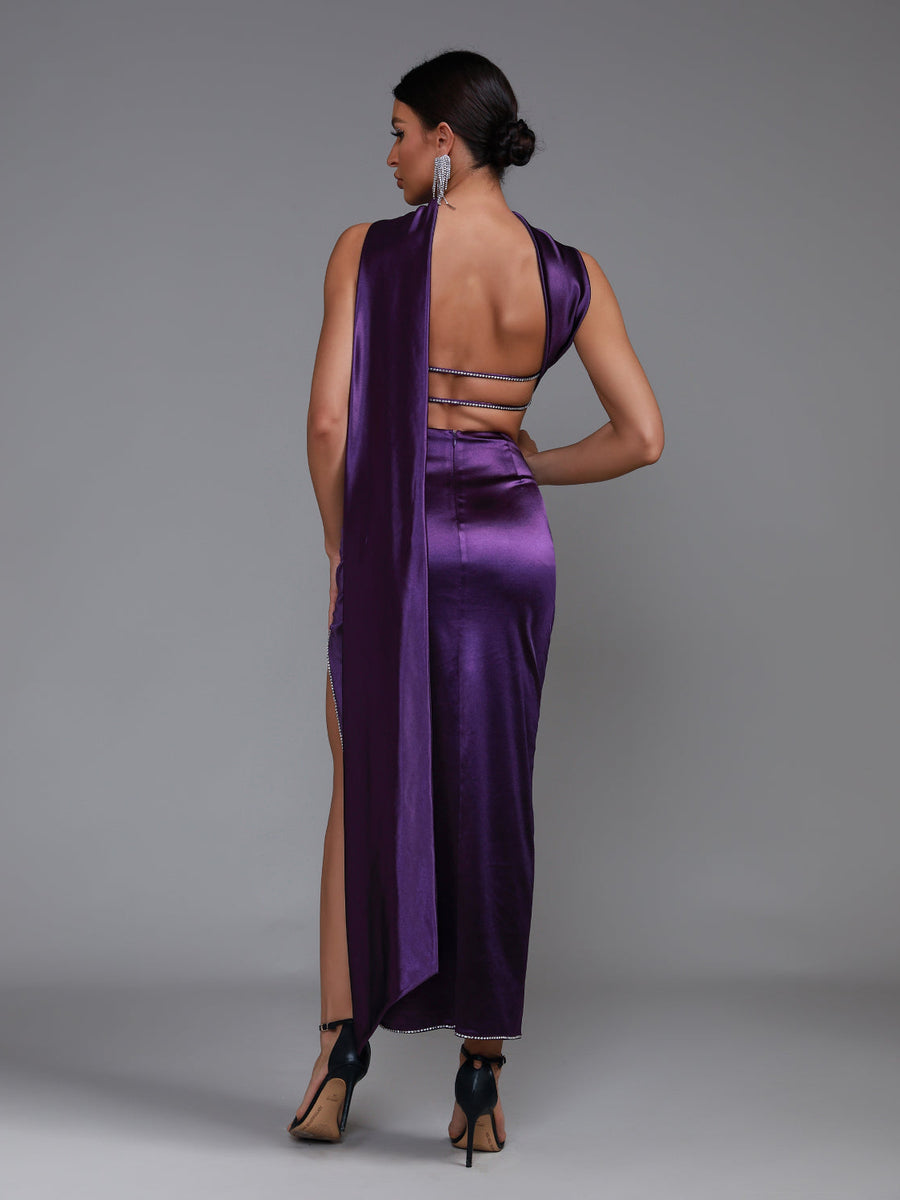 Elegant Purple Satin Strapless Sash Gown for a Stunning Look