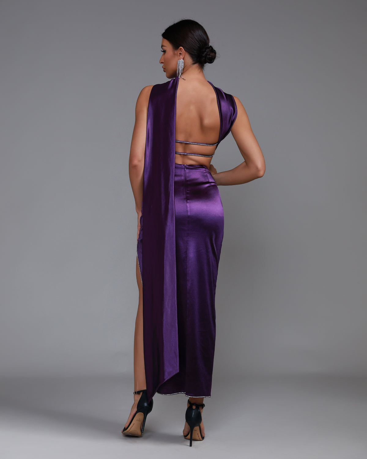 Elise Delacroix — Elegant Purple Satin Strapless Sash Gown, alternate view 5