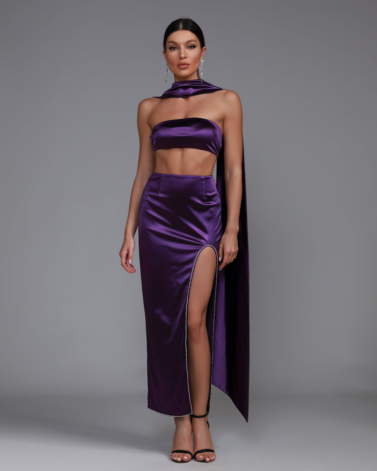 Elise Delacroix — Elegant Purple Satin Strapless Sash Gown, alternate view 3