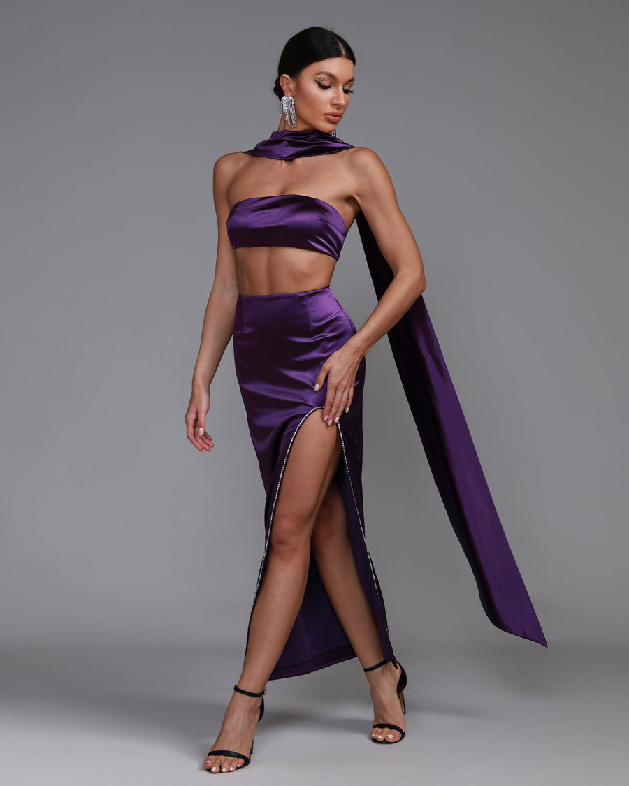 Elise Delacroix — Elegant Purple Satin Strapless Sash Gown, alternate view 2