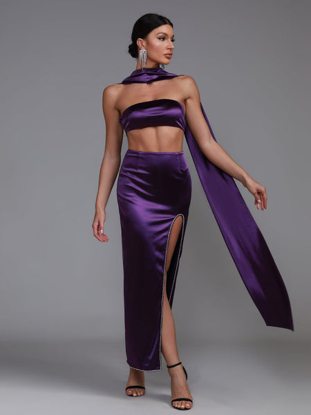 Elegant Purple Satin Strapless Sash Gown for a Stunning Look