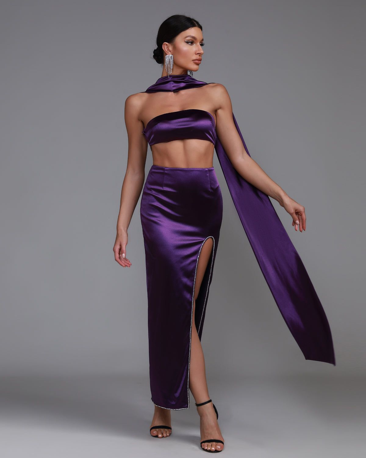 Elise Delacroix — Elegant Purple Satin Strapless Sash Gown, alternate view 4