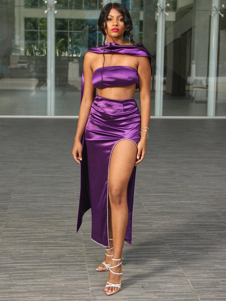 Elegant Purple Satin Strapless Gown with a Stunning Sash