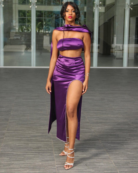 Elegant Purple Satin Strapless Gown with a Stunning Sash