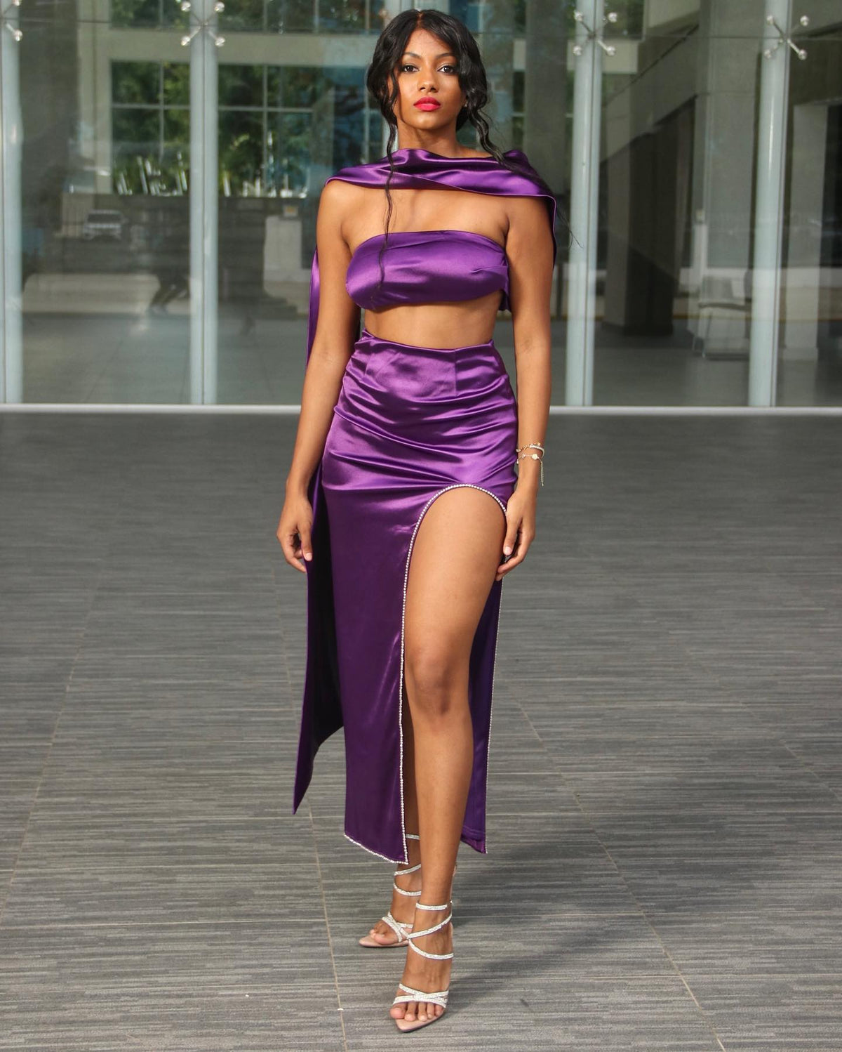 Irina Delacroix — Elegant Purple Satin Strapless Gown with a Stunning Sash