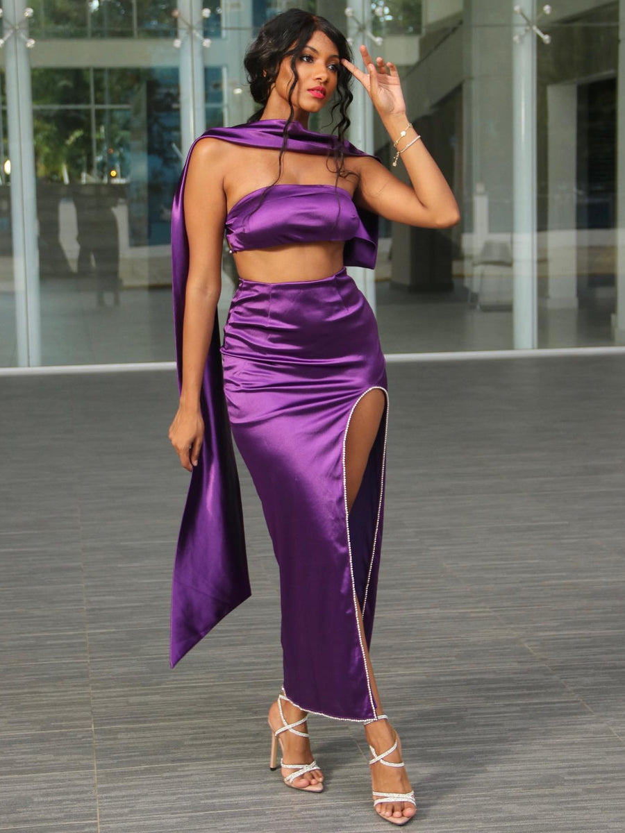 Elegant Purple Satin Strapless Gown with a Stunning Sash