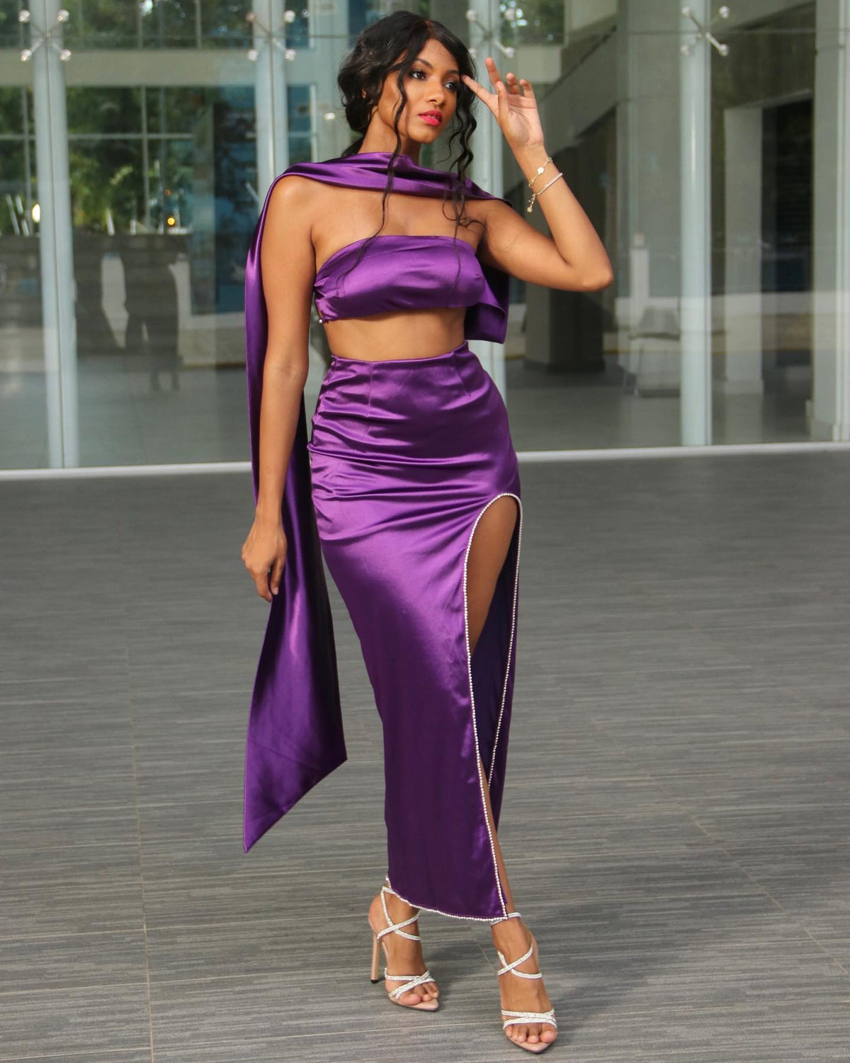 Irina Delacroix — Elegant Purple Satin Strapless Gown with a Stunning Sash, alternate view 3