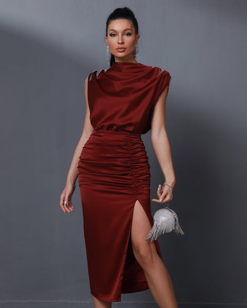 Rhinestone Tassels Pleated Midi Dress - Opulent Empire