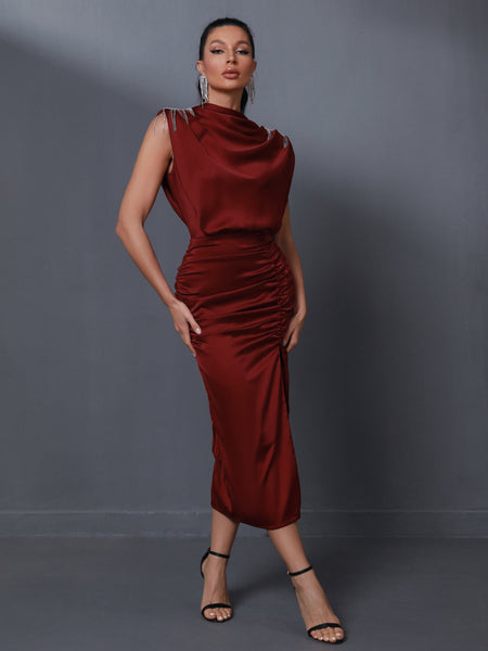 Rhinestone Tassels Pleated Midi Dress - Opulent Empire