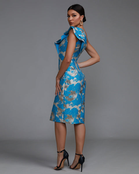 Mid-length Dress with Ruffles and Off-the-Shoulder Design