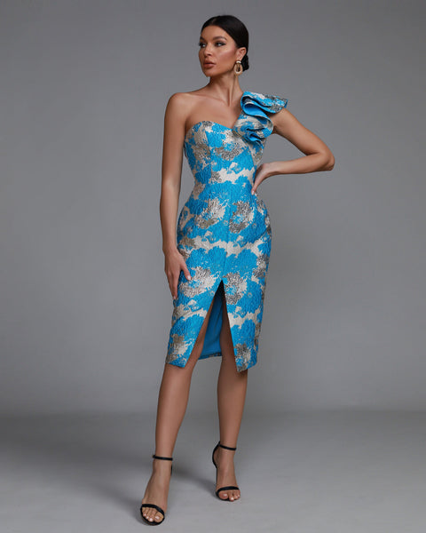 Mid-length Dress with Ruffles and Off-the-Shoulder Design