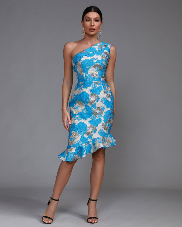 Elegant Fishtail Midi Flared Dress with Angular Cutout