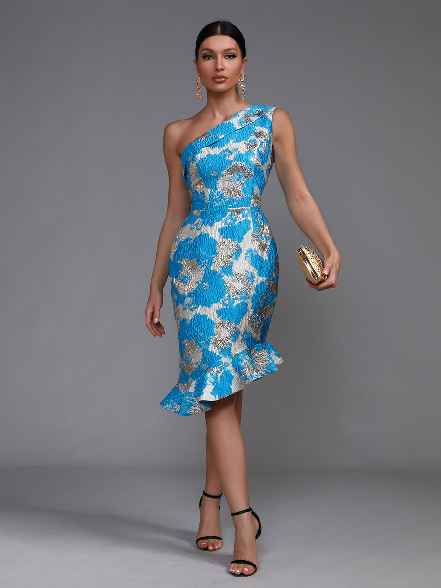 Elegant Fishtail Midi Flared Dress with Angular Cutout