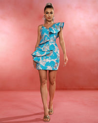 Hollis Marceau — Blue Asymmetrical Jacquard Mini Dress with Ruffles