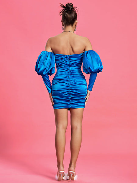 Mini Satin Dress with Balloon Sleeves and Off-Shoulder Design