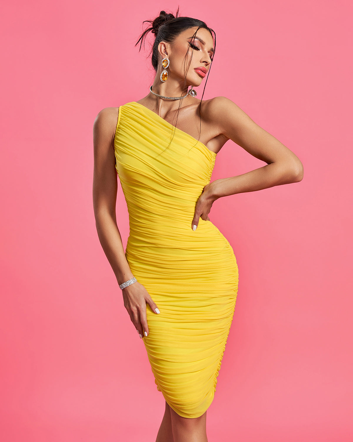 Sabine Beaumont — Chic One-Shoulder Ruched Mesh Evening Dress, alternate view 2