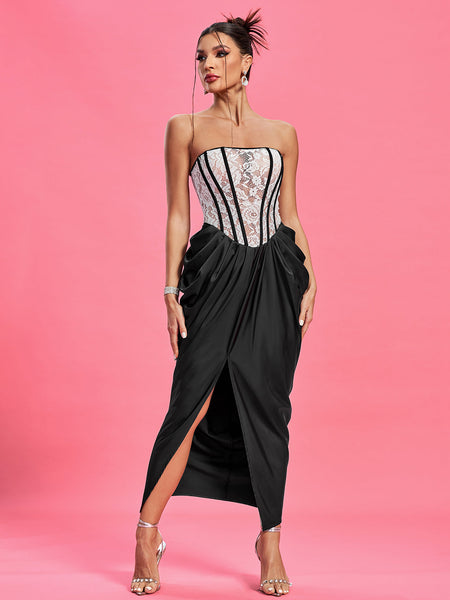 Strapless Ruched Lace Corset Dress - Opulent Empire