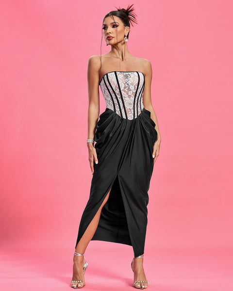 Strapless Ruched Lace Corset Dress - Opulent Empire