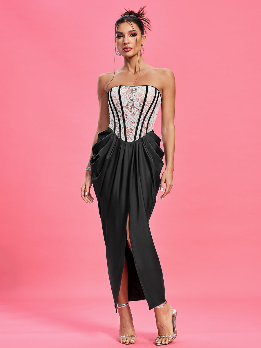 Strapless Ruched Lace Corset Dress
