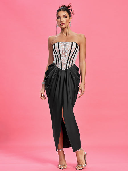 Strapless Ruched Lace Corset Dress