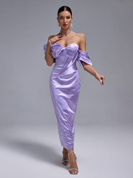 Elegant Lavender Satin Dress with Shoulder-Free Design and Mid-Length